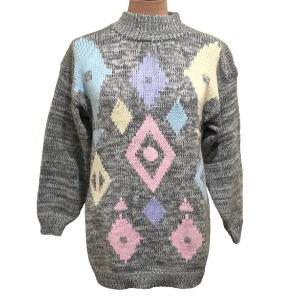 Vintage Tomboy Sweater Size Medium Gray Pastel Diamond Mock Neck Pullover - Picture 1 of 8